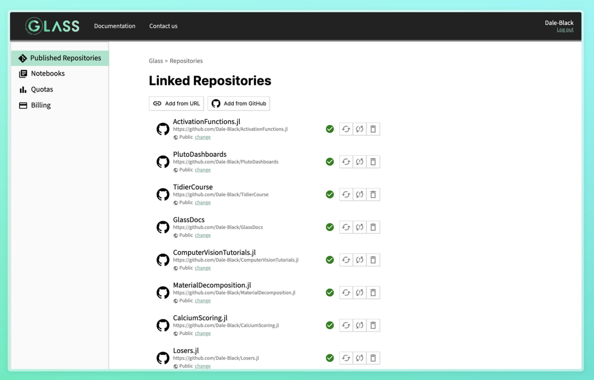 screenshot of Glass Notebook showing a list of repositories that are published